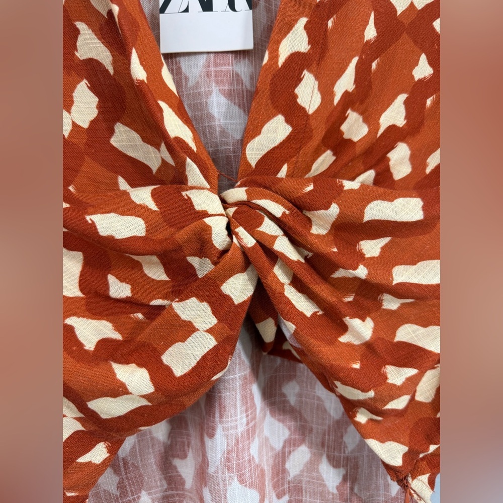 Zara Small Terracotta Print Linen Blend Twist Front Crop Top NWT Beaded Cuffs - Picture 13 of 16
